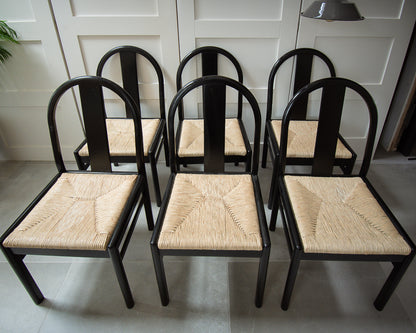 Ebonised & Rush Seat Italian 1980s Chairs 
