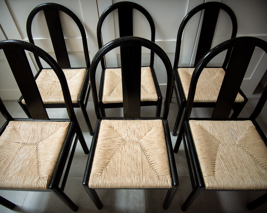 Ebonised & Rush Seat Italian 1980s Chairs 
