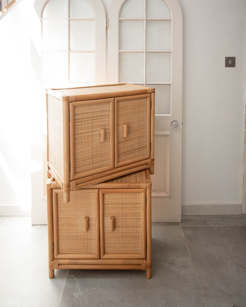 Mid Century Rattan & Bamboo Bedside Cabinet /  Side Table (Pair)