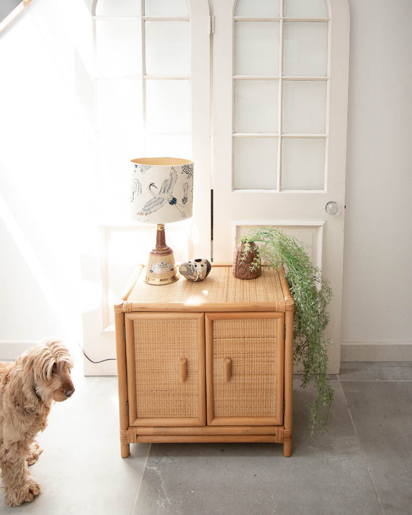Mid Century Rattan & Bamboo Bedside Cabinet /  Side Table (Pair)