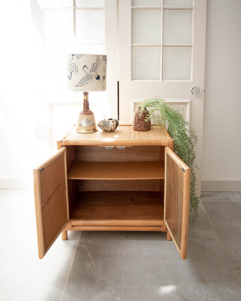 Mid Century Rattan & Bamboo Bedside Cabinet /  Side Table (Pair)