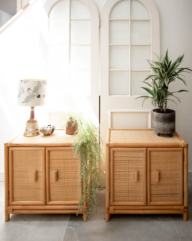 Mid Century Rattan & Bamboo Bedside Cabinet /  Side Table (Pair)