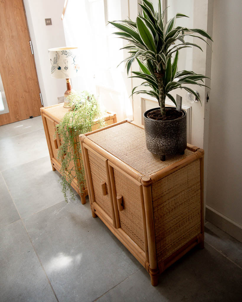 Mid Century Rattan & Bamboo Bedside Cabinet /  Side Table (Pair)