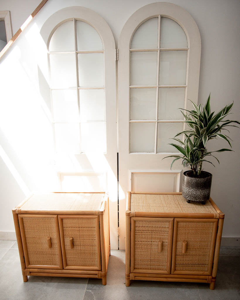 Mid Century Rattan & Bamboo Bedside Cabinet /  Side Table (Pair)