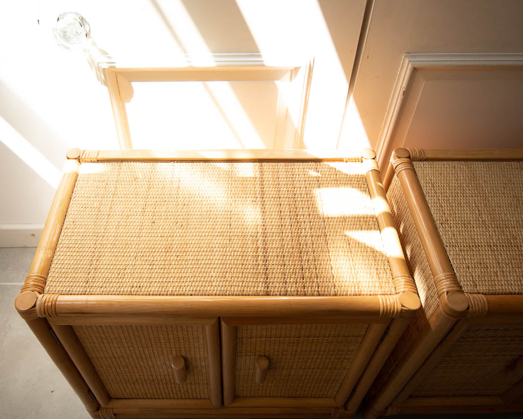 Mid Century Rattan & Bamboo Bedside Cabinet /  Side Table (Pair)