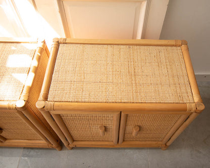 Mid Century Rattan & Bamboo Bedside Cabinet /  Side Table (Pair)