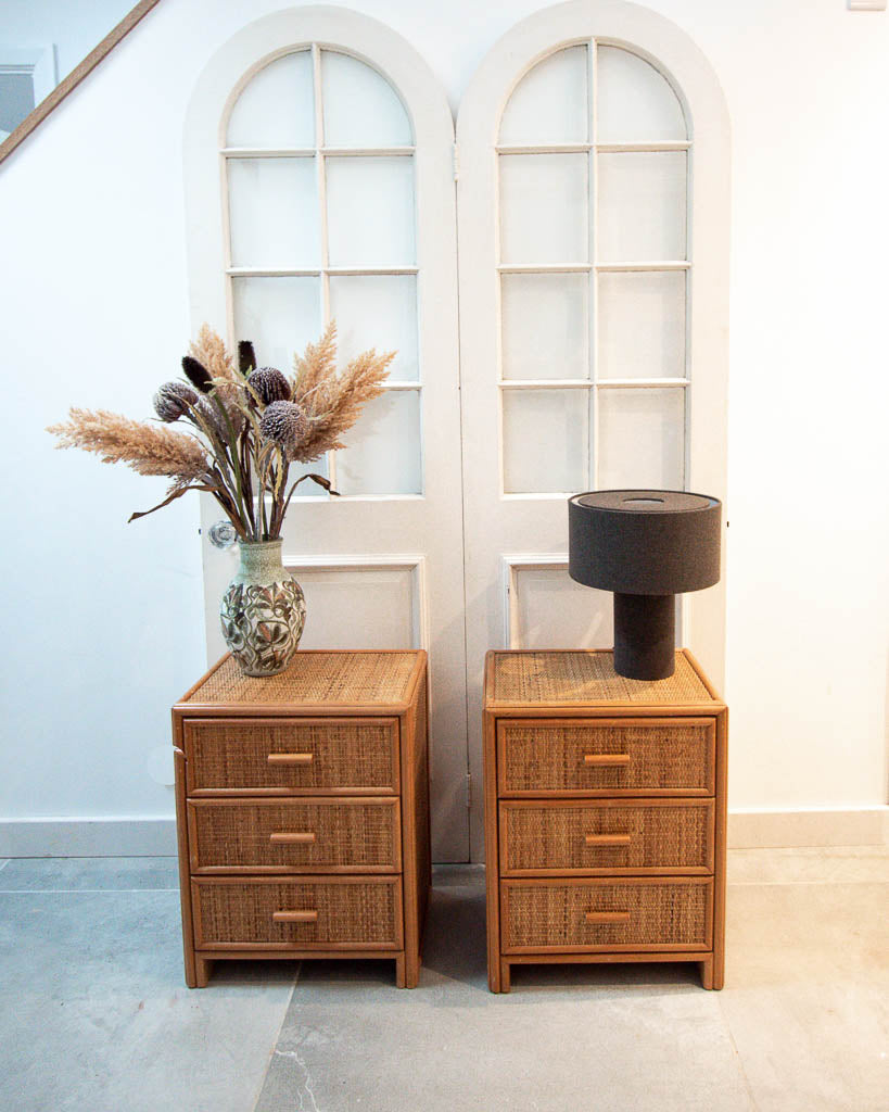Mid Century Rattan & Cane Bamboo Bedside Cabinet /  Side Table (Pair)