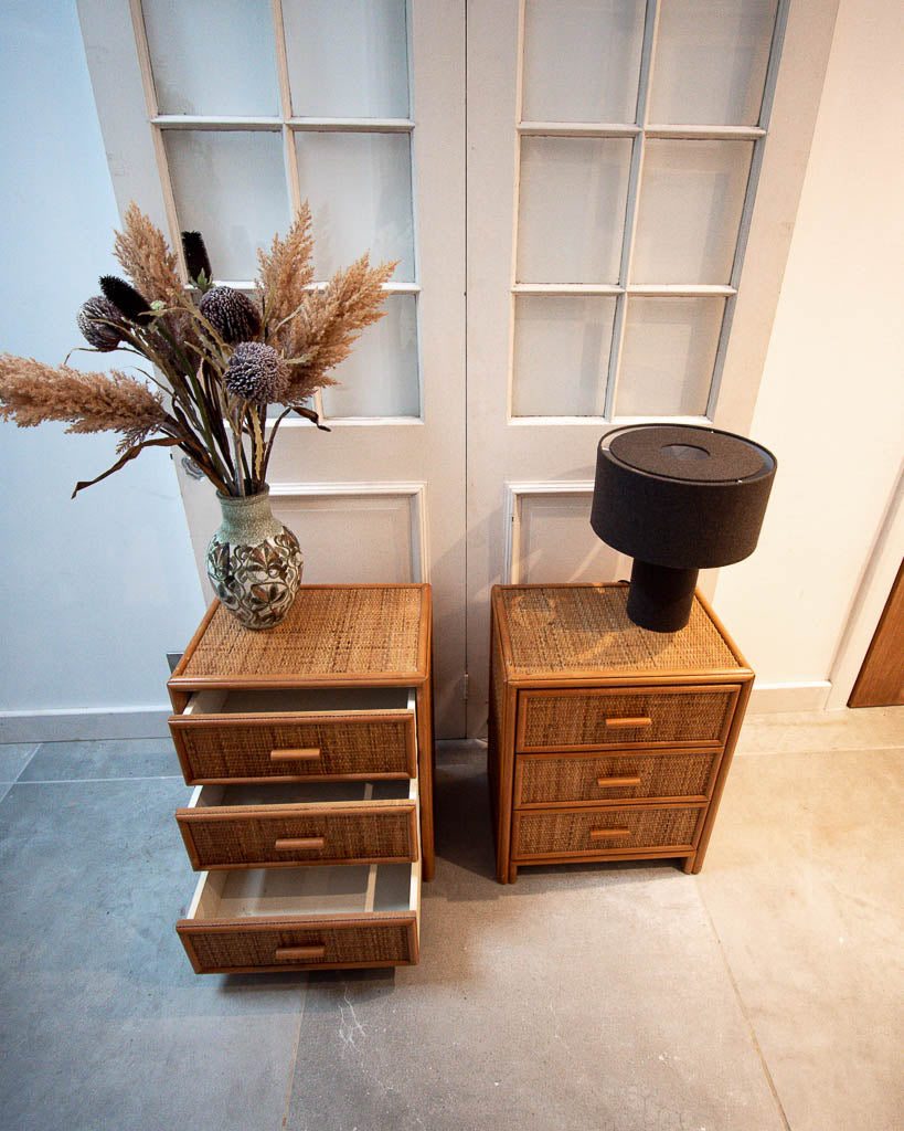 Mid Century Rattan & Cane Bamboo Bedside Cabinet /  Side Table (Pair)