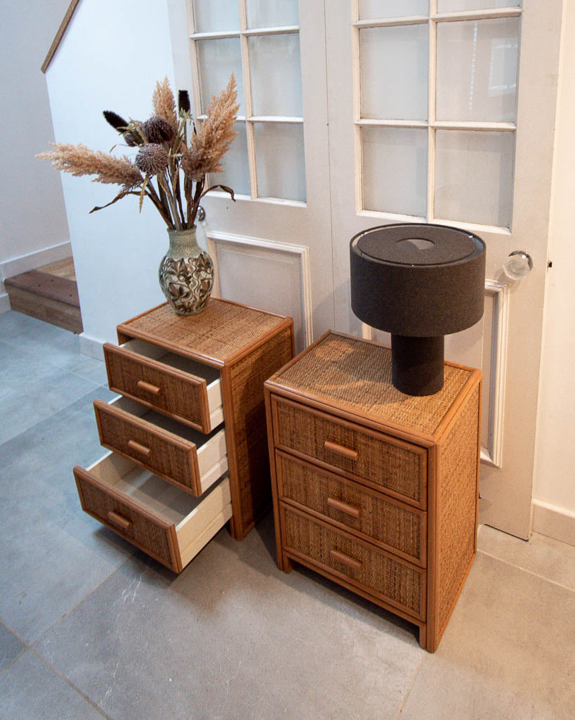 Mid Century Rattan & Cane Bamboo Bedside Cabinet /  Side Table (Pair)