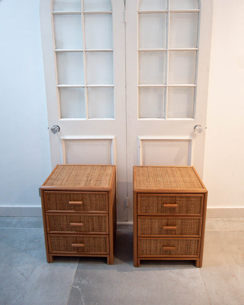 Mid Century Rattan & Cane Bamboo Bedside Cabinet /  Side Table (Pair)