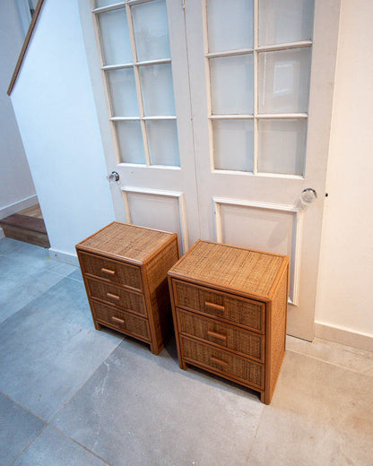 Mid Century Rattan & Cane Bamboo Bedside Cabinet /  Side Table (Pair)