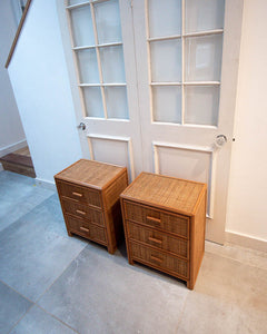 Mid Century Rattan & Cane Bamboo Bedside Cabinet /  Side Table (Pair)