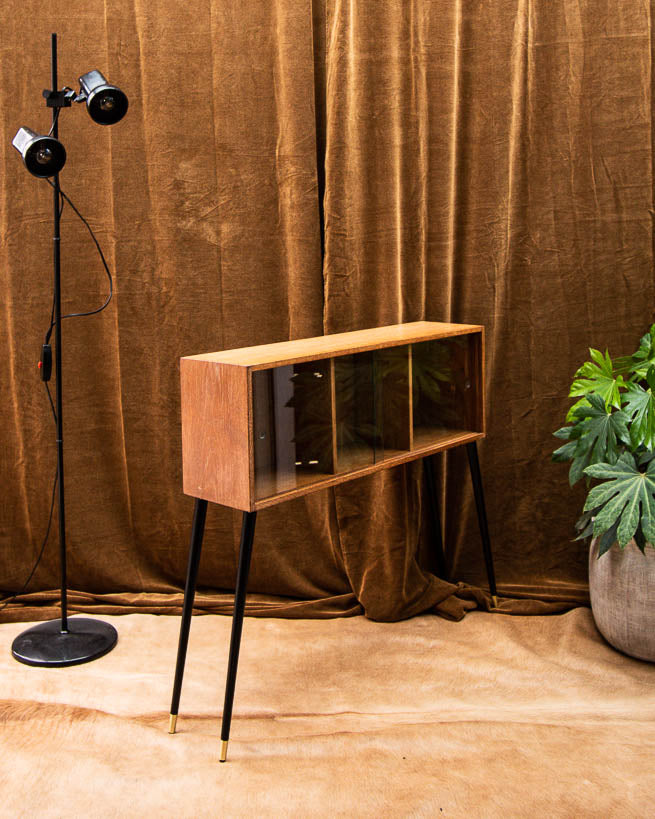 Mid Century Small Light Oak Cocktail Cabinet / Console (Glass Door)