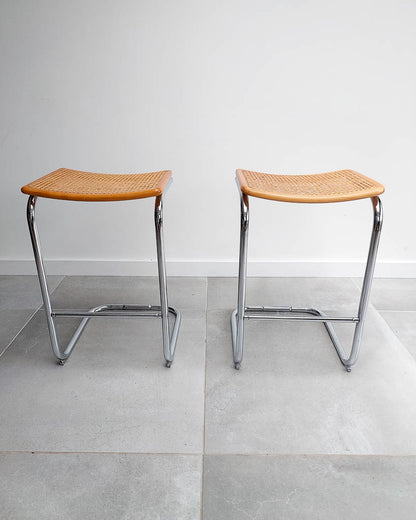 Bauhaus Style Chrome Rattan Kitchen Stools (x2)
