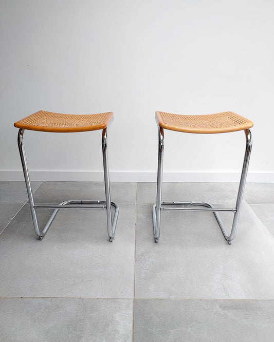 Bauhaus Style Chrome Rattan Kitchen Stools (x2)