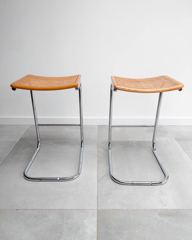 Bauhaus Style Chrome Rattan Kitchen Stools (x2)