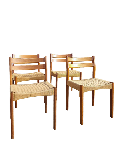 Mid Century Teak & Papercord Dining Chairs (Set of 4)