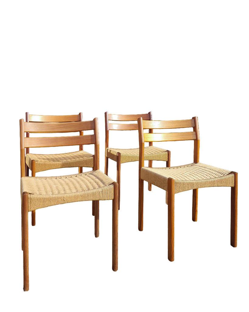 Mid Century Teak & Papercord Dining Chairs (Set of 4)