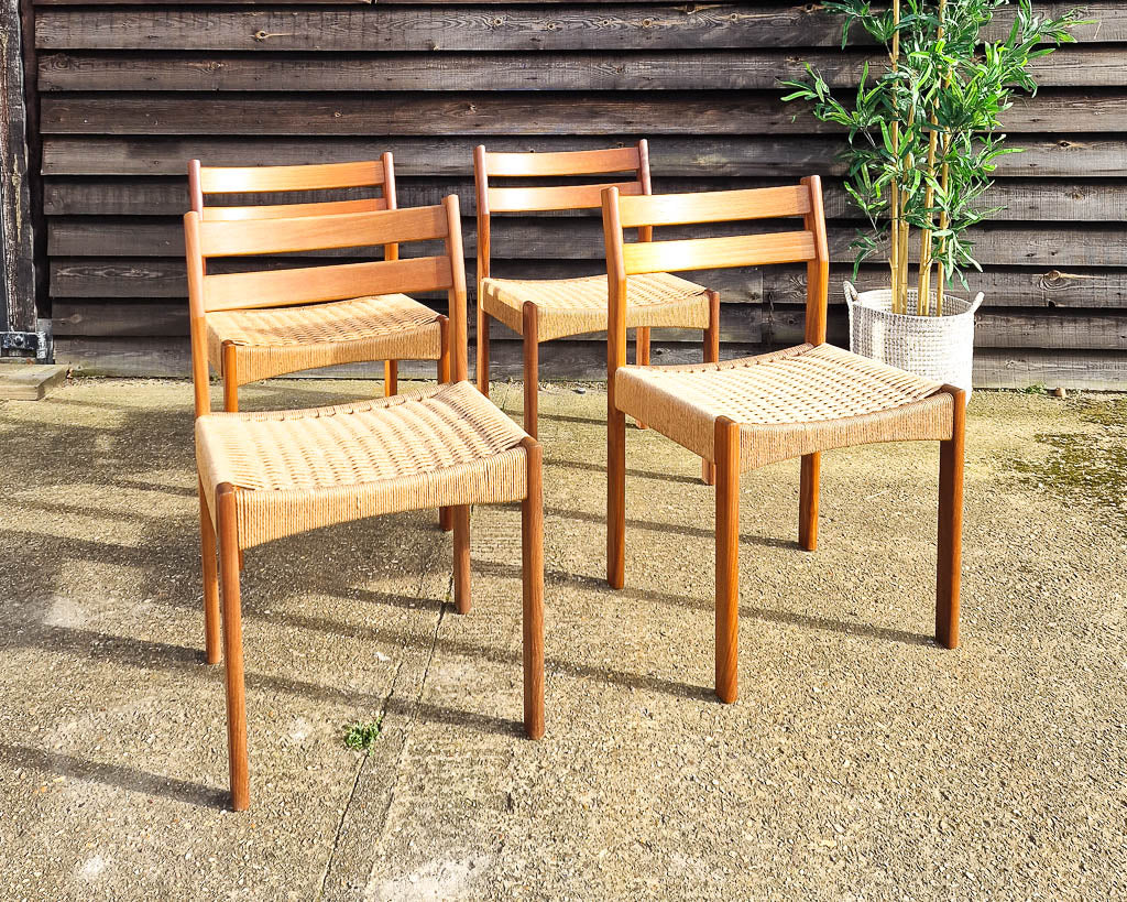 Mid Century Teak & Papercord Dining Chairs (Set of 4)