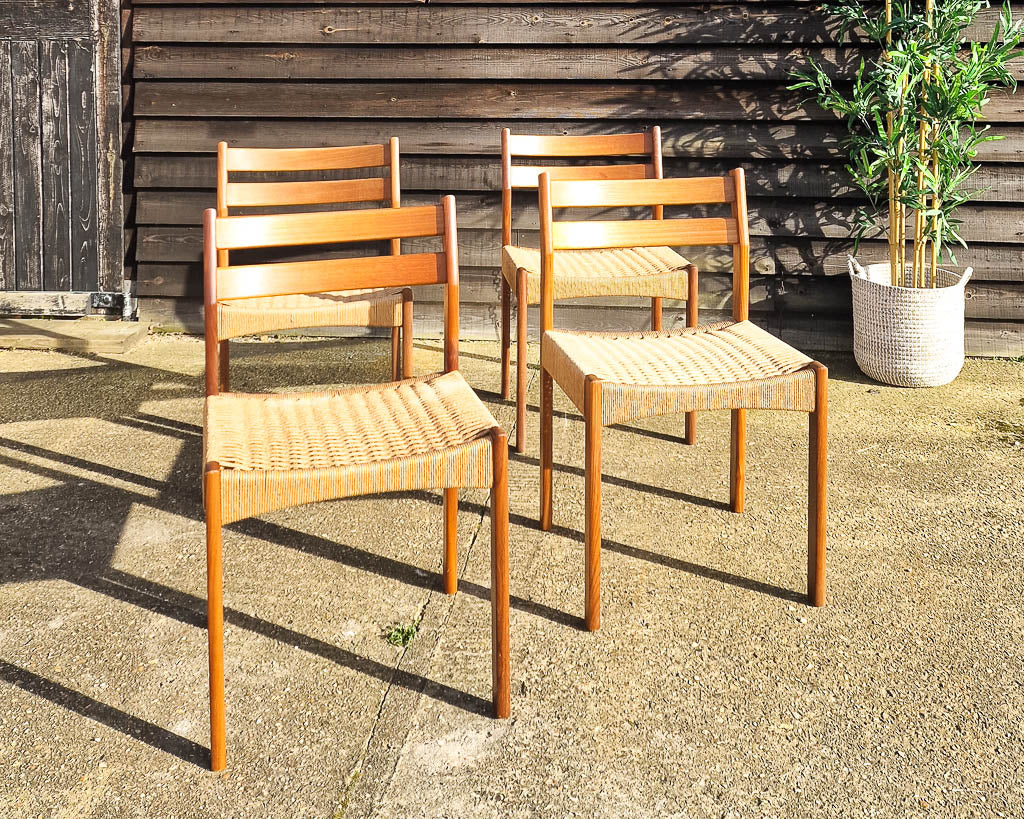 Mid Century Teak & Papercord Dining Chairs (Set of 4)