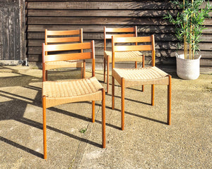Mid Century Teak & Papercord Dining Chairs (Set of 4)