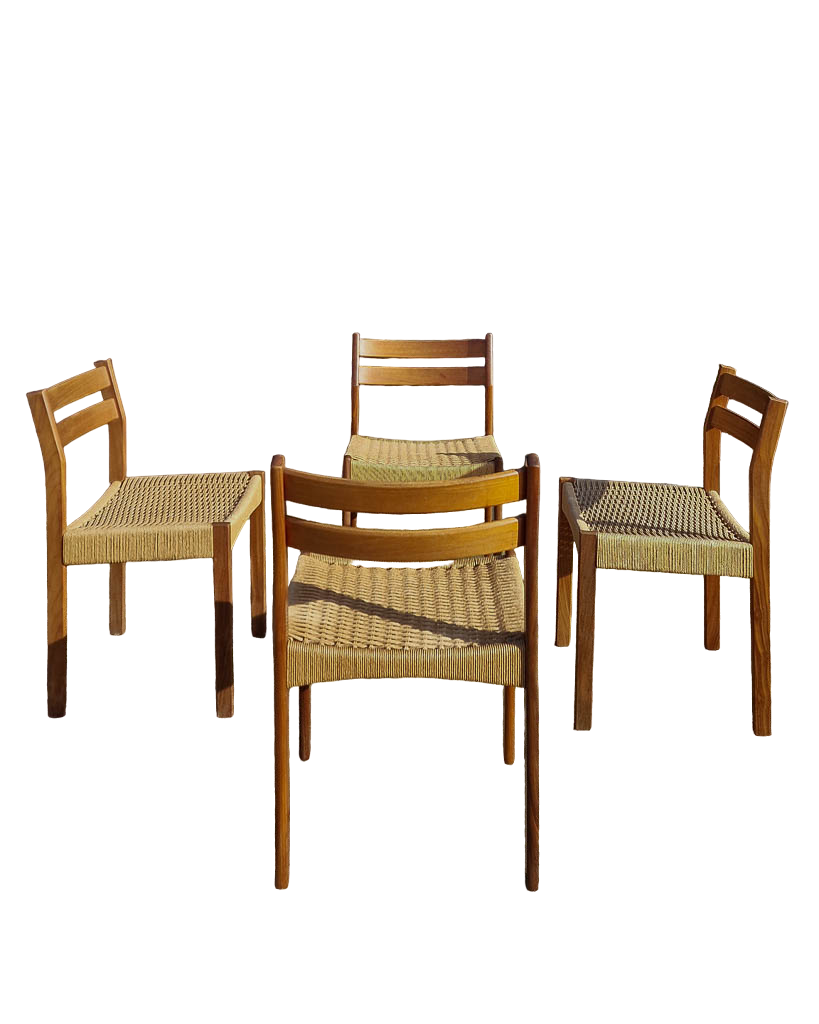 Mid Century Teak & Papercord Dining Chairs (Set of 4)