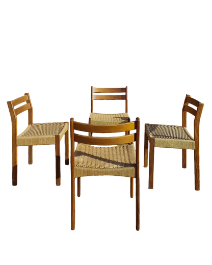 Mid Century Teak & Papercord Dining Chairs (Set of 4)