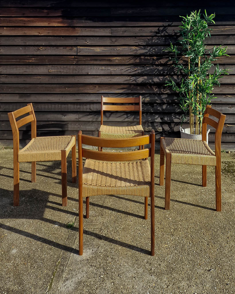 Mid Century Teak & Papercord Dining Chairs (Set of 4)