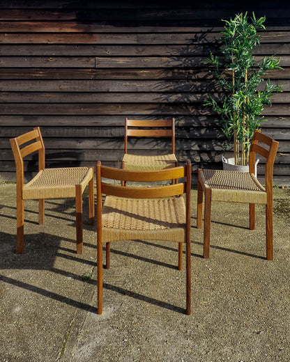 Mid Century Teak & Papercord Dining Chairs (Set of 4)