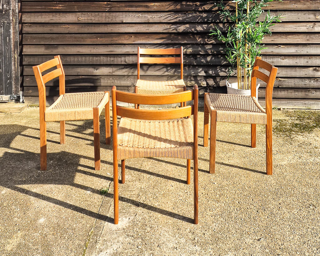 Mid Century Teak & Papercord Dining Chairs (Set of 4)