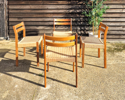 Mid Century Teak & Papercord Dining Chairs (Set of 4)