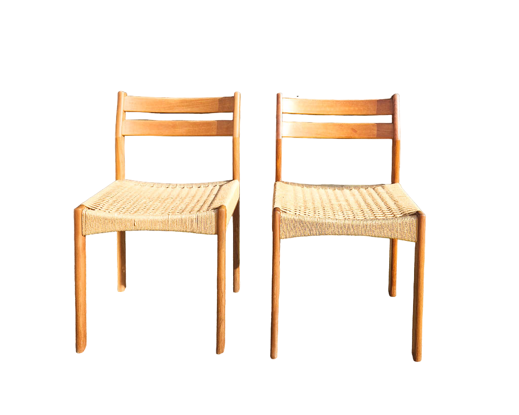 Mid Century Teak & Papercord Dining Chairs (Set of 4)