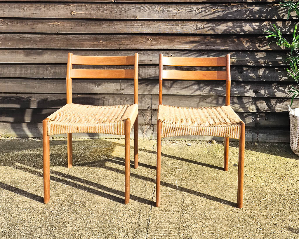 Mid Century Teak & Papercord Dining Chairs (Set of 4)