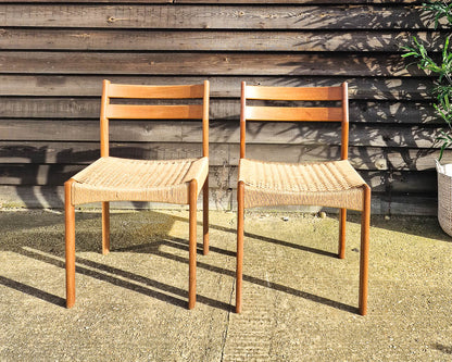 Mid Century Teak & Papercord Dining Chairs (Set of 4)