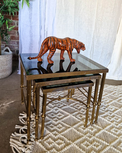 Vintage Brass & Smoked Glass Nesting Tables (Trio)