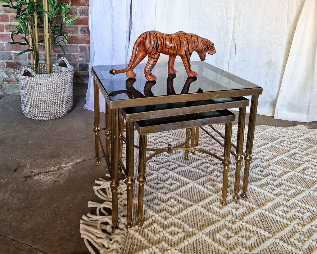 Vintage Brass & Smoked Glass Nesting Tables (Trio)