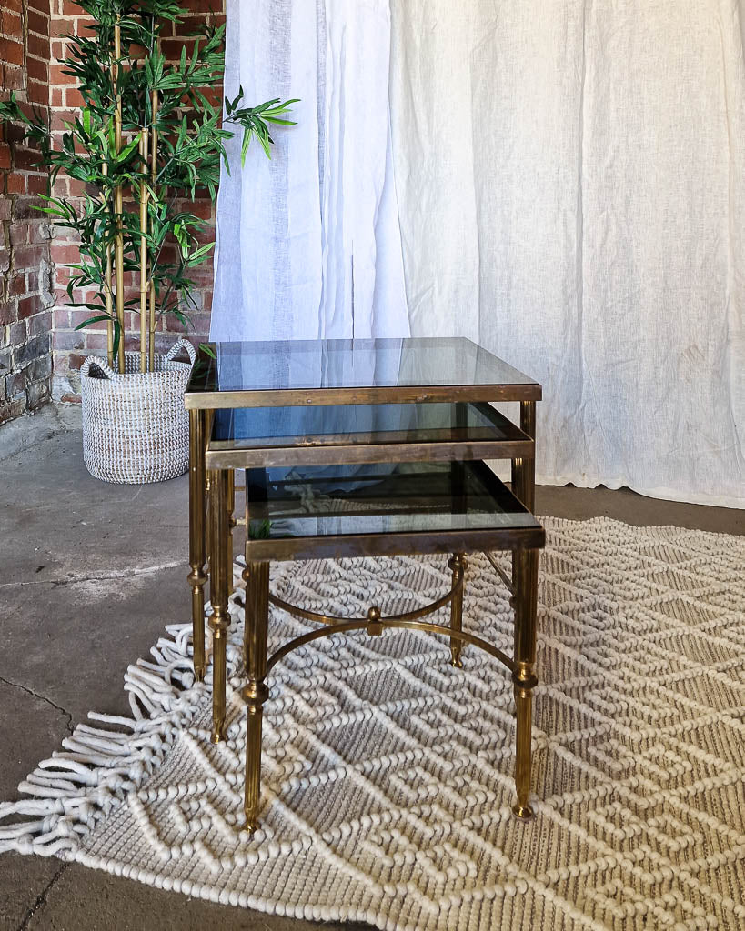 Vintage Brass & Smoked Glass Nesting Tables (Trio)