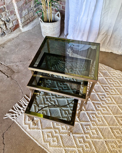 Vintage Brass & Smoked Glass Nesting Tables (Trio)