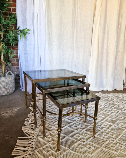 Vintage Brass & Smoked Glass Nesting Tables (Trio)