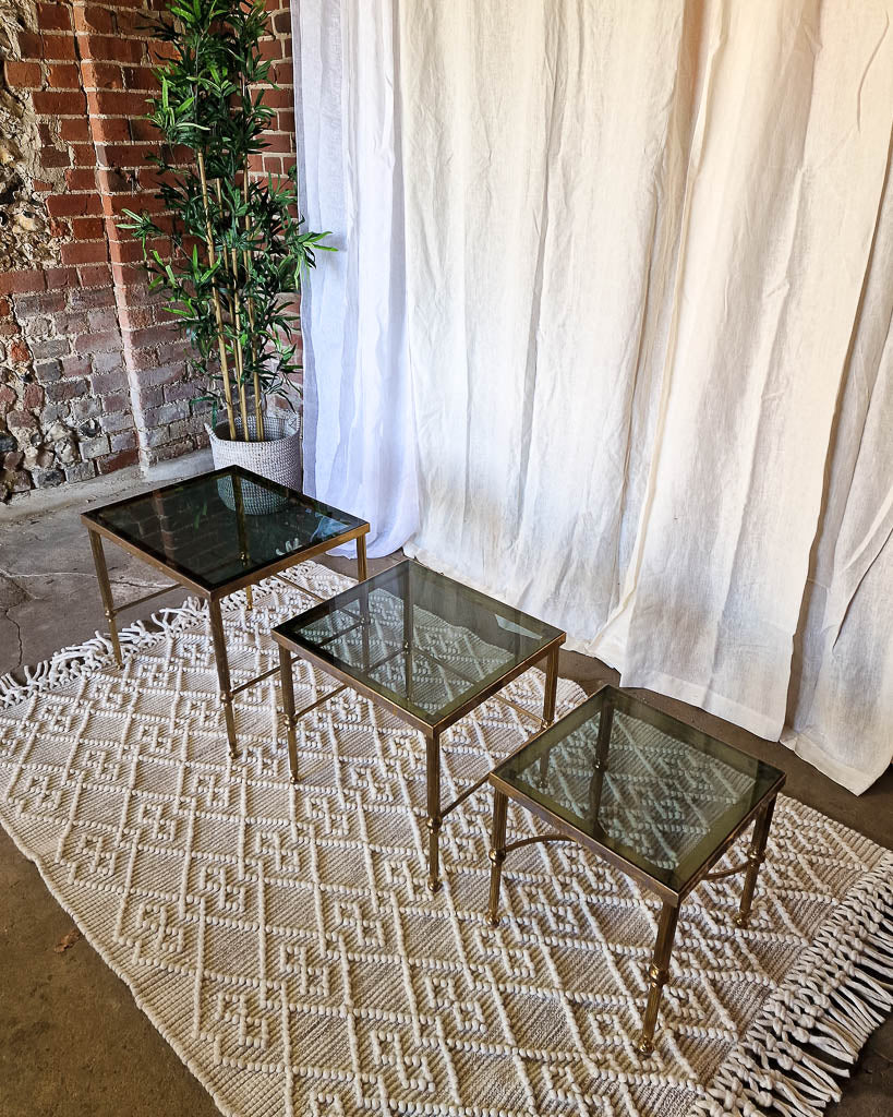 Vintage Brass & Smoked Glass Nesting Tables (Trio)
