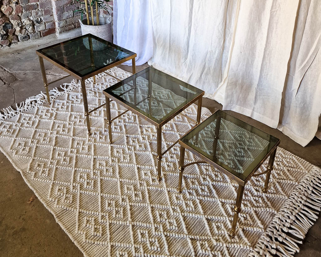 Vintage Brass & Smoked Glass Nesting Tables (Trio)