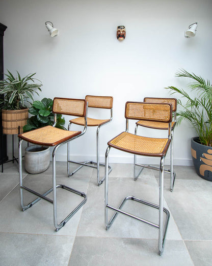Bauhaus Style Chrome Rattan Bar Stools (x4)