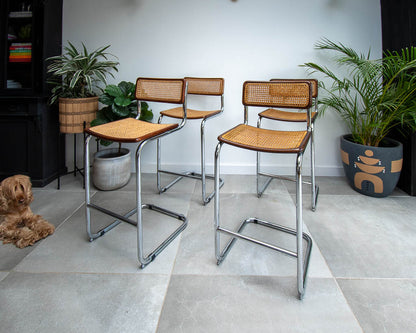 Bauhaus Style Chrome Rattan Bar Stools (x4)