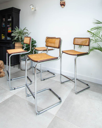 Bauhaus Style Chrome Rattan Bar Stools (x4)