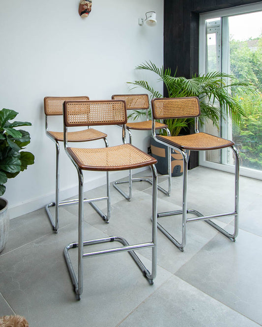 Bauhaus Style Chrome Rattan Bar Stools (x4)