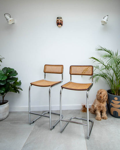 Bauhaus Style Chrome Rattan Bar Stools (x4)