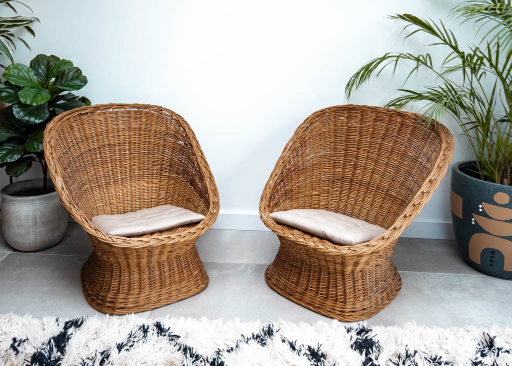 Mid Century Habitat Wicker Barrel Armchairs (Pair)