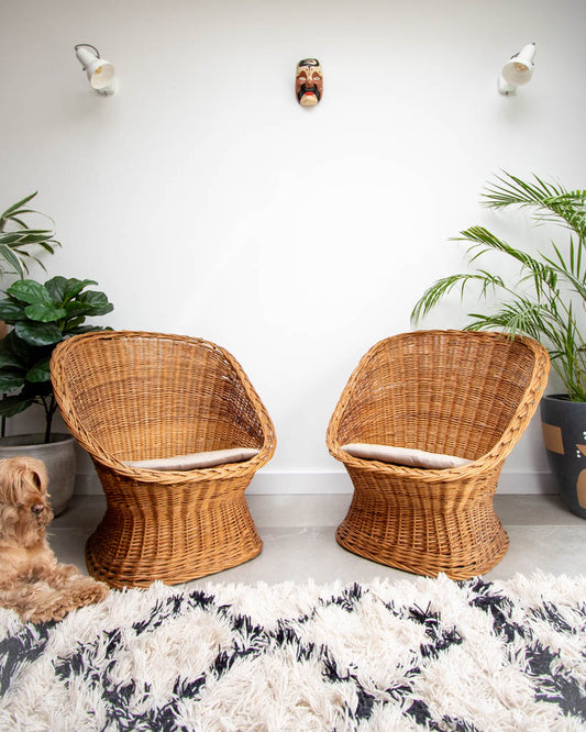 Mid Century Habitat Wicker Barrel Armchairs (Pair)