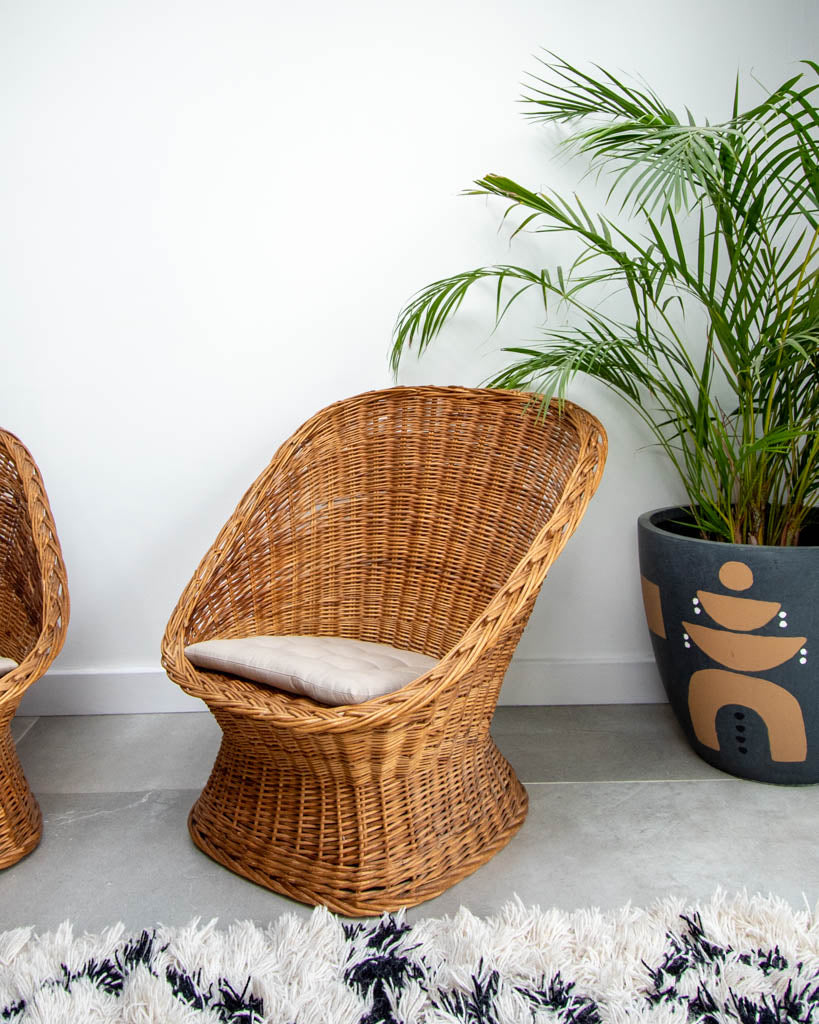 Mid Century Habitat Wicker Barrel Armchairs (Pair)
