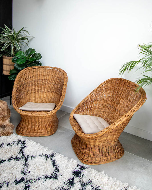 Mid Century Habitat Wicker Barrel Armchairs (Pair)